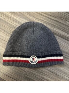 Moncler Gray Beanie with Red, White & Navy Stripe